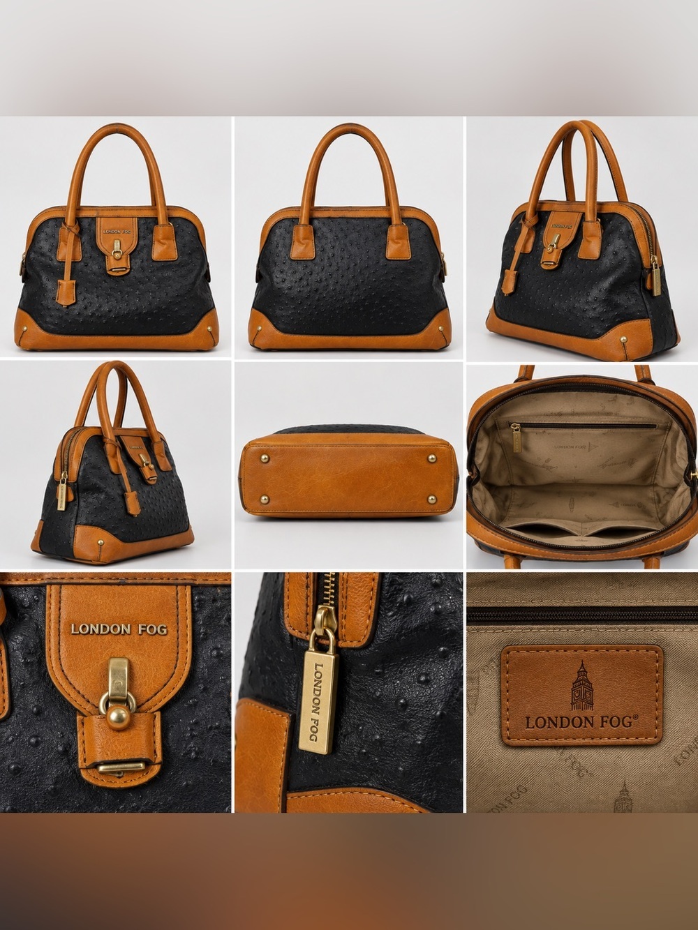 London Fog  Satchel‎ Purse - Faux Ostrich Leather - Classic Structured Bag
